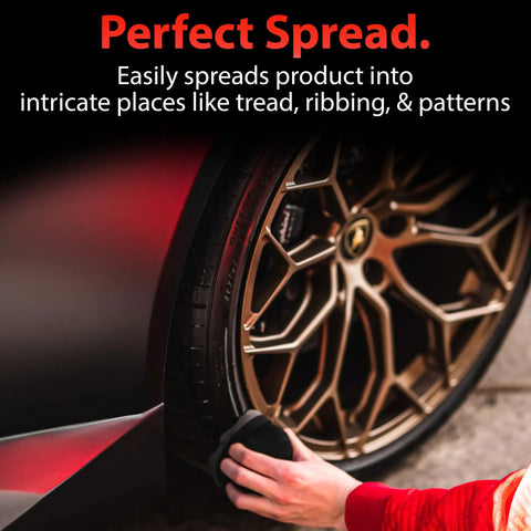 Applying tire shine with Hex Grip Tire Dressing Applicator Three Pack For Fast Tire Shine on car wheel
