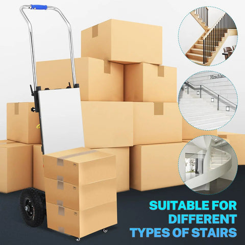 Top Tier Electric Stair Climbing Dolly For Heavy Duty Moving With 880 Lbs Capacity, 1200W Motor And Foldable Design in front of stacked boxes.