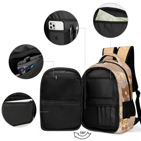 Open view of Christmas Snowman Sleigh Printed Backpack with compartments and pockets, spacious and durable for school and travel use.