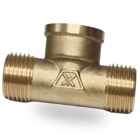 Brass pipe tee, 1/2 in male x 1/2 in female x 1/2 in male, for plumbing connections.