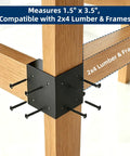 Heavy Duty Workbench Bracket Kit Four Piece Three Way Right Angle Steel Braces For 2x4 Lumber Includes Forty Eight Mounting Screws showing 1.5x3.5 in frame fit