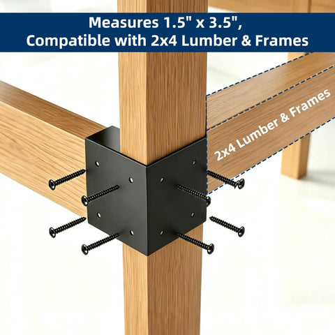 Heavy Duty Workbench Bracket Kit Four Piece Three Way Right Angle Steel Braces For 2x4 Lumber Includes Forty Eight Mounting Screws showing 1.5x3.5 in frame fit