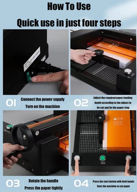 Usage guide: How to operate the Auto Paper Cutter For A4 Size Heavy Duty Desktop Paper Trimmer with electric cutting.