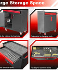 Beefy Metal Garage Storage Cabinet On Wheels With Lockable Doors And Adjustable Shelves, Pegboard, And Heavy Duty Tool Locker For Garage Or Warehouse, open showing shelves and tools