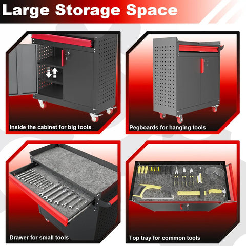 Beefy Metal Garage Storage Cabinet On Wheels With Lockable Doors And Adjustable Shelves, Pegboard, And Heavy Duty Tool Locker For Garage Or Warehouse, open showing shelves and tools