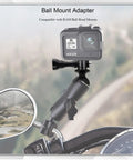 Universal Ball Mount Adapter For Action Cameras attached to motorcycle handle, showcasing adjustable angles and metal screws for stability.