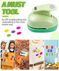 Green 1 Inch Oval Lever Punch for Scrapbooking and Card Making displayed with colorful paper cutouts and DIY craft examples