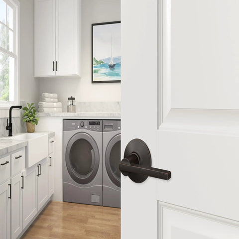 F10 LAT 716 Latitude Door Lever Hall And Closet Passage Lock Aged Bronze Finish installed on laundry room door