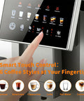 Close-up of Touch Control panel on Top Shelf Super Automatic Espresso Maker With Built In Grinder And Dual Boiler Milk Frother.