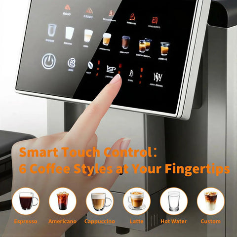 Close-up of Touch Control panel on Top Shelf Super Automatic Espresso Maker With Built In Grinder And Dual Boiler Milk Frother.
