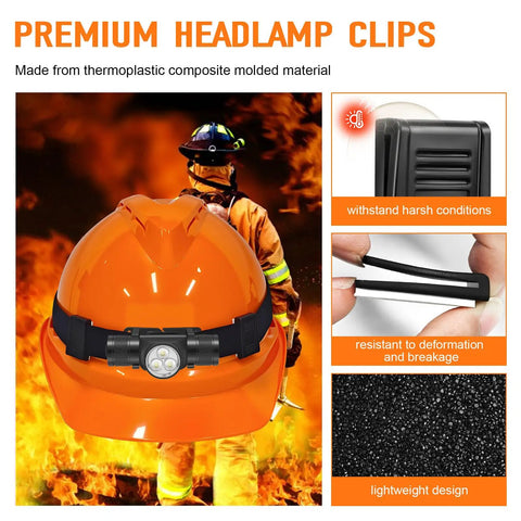 Firefighter wearing orange helmet with 12 Pack Hard Hat Light Clips For Headlamps And Headlamp Holders, non-slip clips visible.