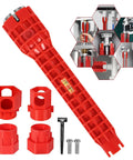 14 In 1 Basin Wrench Kit For Sink And Faucet Installations, showing red wrench with attachments, ideal for tight spaces