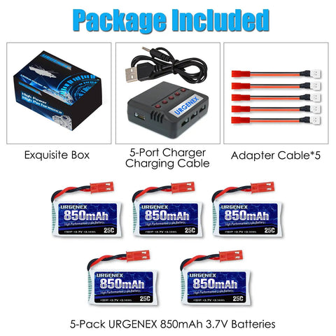 Package view of 5-pack 3.7V 850mAh LiPo Battery with JST Plug and X5 charger for MJX Syma Holy Stone Sky Viper RC drones