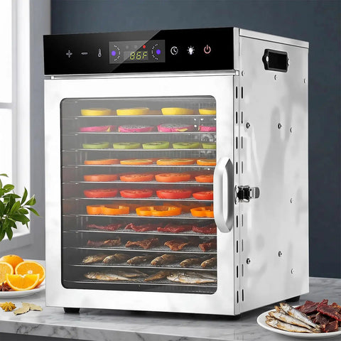 Heavy Duty Electric Food Dehydrator With 12 Detachable Trays And 1000W Dual Fan Delivers Even Airflow For Quick Batches Includes Precise Temp Control From 85 To 195F Plus A Rock Solid 24 Hour Timer with fruits and meats.