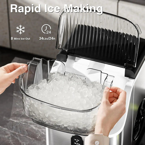 Countertop Nugget Ice Maker With Chewable Pellet Ice 34 Lbs Per 24 Hours Self Cleaning Stainless Steel with open ice tray