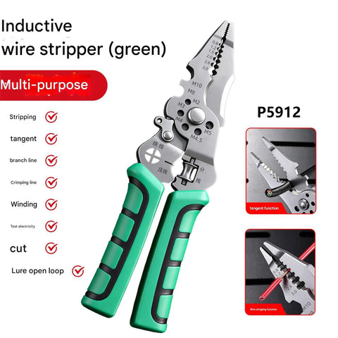 All In One Wire Stripper With Inductive Voltage Tester Pro Grade Electrician Cutting Tool with green ergonomic grip