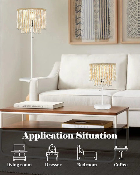 Living room setting featuring Boho Table Lamp With USB Charging Port and Birch Wood Bead Details on a wooden table.