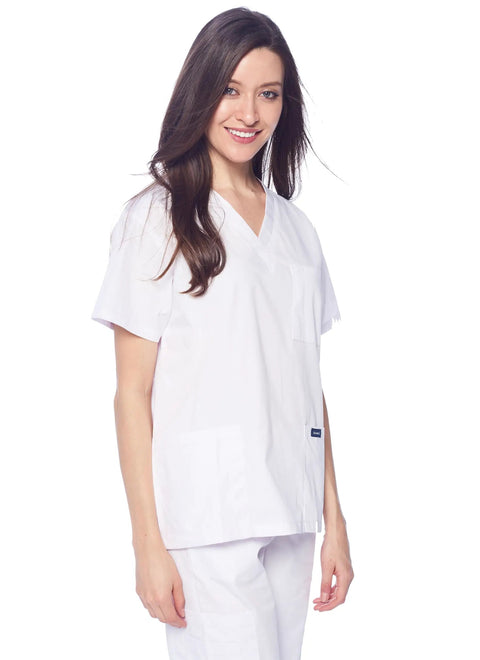 Unisex Medical Scrub Set Featuring V-Neck Top And Straight Leg Pants In Fresh White, Cotton Polyester Blend, Nurse's uniform.