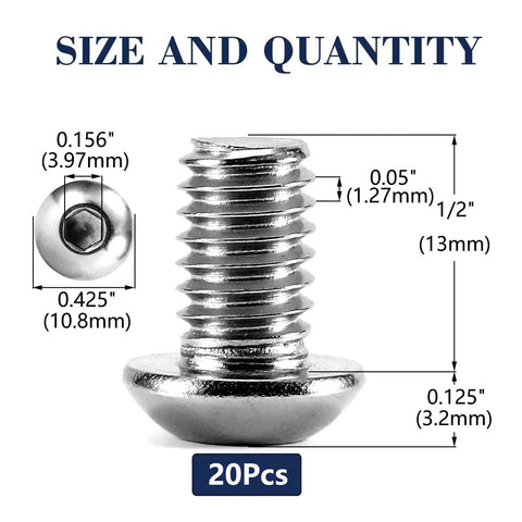 Quarter Inch By Half Inch Button Head Socket Cap Screws Twenty Pack, 1/4-20 Thread, 304 Stainless Steel, size dimensions shown