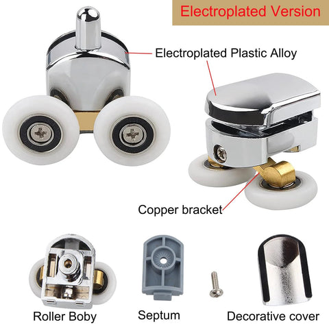 8 Piece Shower Door Rollers Set With 25mm Sliding Door Wheels For Curved Glass Doors parts including wheels, copper bracket, and screws.
