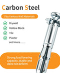 Carbon steel drywall anchor showing compatibility with drywall, hollow block, tile, and plaster materials.