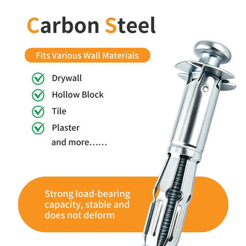 Carbon steel drywall anchor showing compatibility with drywall, hollow block, tile, and plaster materials.