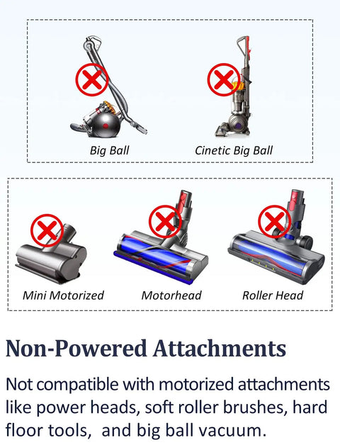 Image showing non-compatible motorized attachments for V7 V8 V10 V11 Cordless Vacuum Adapter Attachment Set Non Powered.