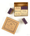 Legit Mini Wooden Rubber Stamp Set Featuring Days Of The Week And Months in a box with wooden blocks for crafting.