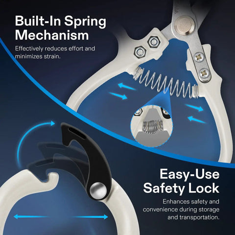 Close-up of Beast Mode Pruning Shears For Gardening With SK5 Blades Lightweight Plant Cutters showing spring mechanism and safety lock