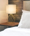 Gold Modern Farmhouse Table Lamps Set Of 2 With Hollowed Out Base And White Fabric Shade, Lit Nightstand Lighting on table