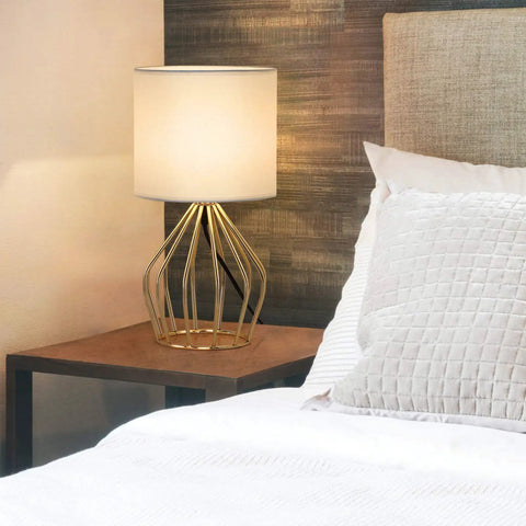 Gold Modern Farmhouse Table Lamps Set Of 2 With Hollowed Out Base And White Fabric Shade, Lit Nightstand Lighting on table