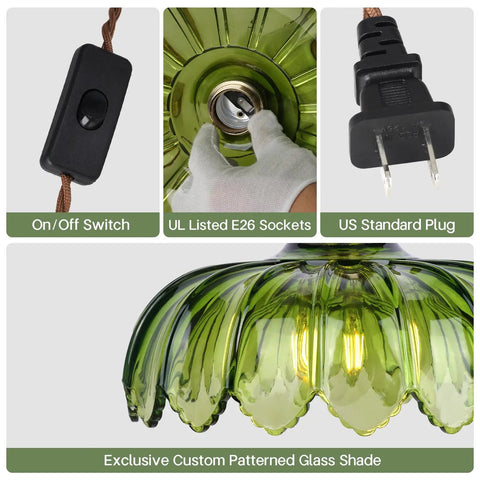 Kick Up Any Room Vintage Green Flower Glass Pendant Light With Long Plug In Cord For Kitchen Island And Bedroom Swinging Gold Tone Ceiling Lamp Fixture Adding Sweet Retro Vibes As A True Living Room Showpiece, showing E26 socket and on/off switch.