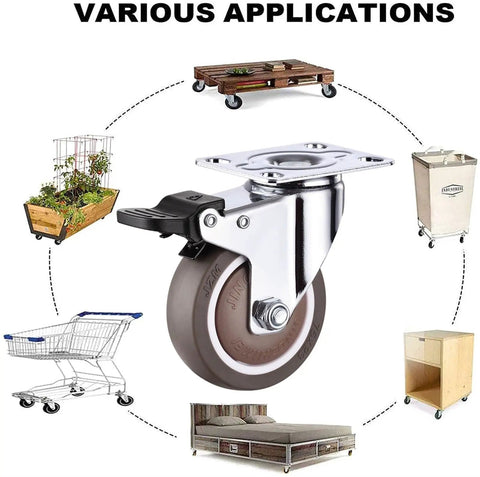 Four Pack Three Inch Rubber Swivel Casters Featuring Silent Roll Action And Foot Stop Brakes Heavy Duty Stem Mounted Furniture Wheels shown in various applications.