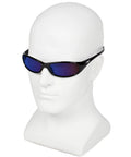 Hellraiser Safety Glasses With Blue Mirror Lenses And Black Frame For Outdoor Work displayed on a white mannequin head
