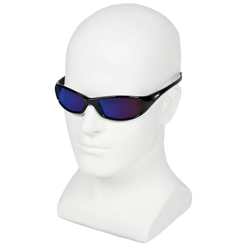 Hellraiser Safety Glasses With Blue Mirror Lenses And Black Frame For Outdoor Work displayed on a white mannequin head