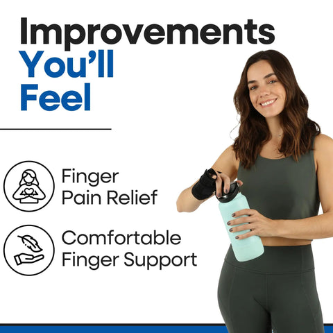 Woman using adjustable metacarpal finger splint for hand support and straightening, right hand S/M, with water bottle