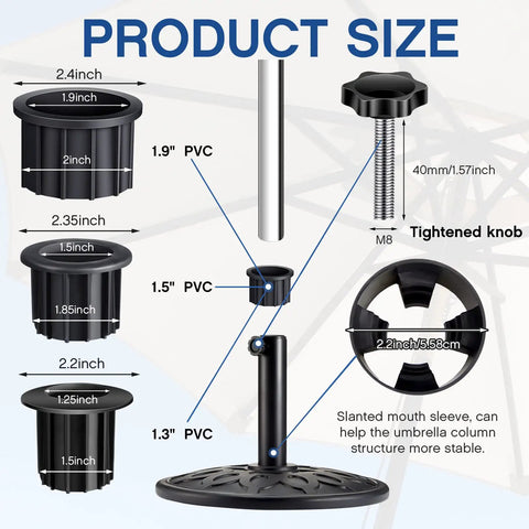 Patio Umbrella Base Ring Plug Set with Hole Bases in 1.25 in 1.5 in and 1.9 in for Replacement Parts Pack includes M8 screws
