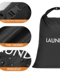 Two Pack Waterproof Travel Laundry Bags With Roll Top Seal showing details of buckle, tear-resistant material, and waterproof fabric.