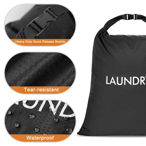 Two Pack Waterproof Travel Laundry Bags With Roll Top Seal showing details of buckle, tear-resistant material, and waterproof fabric.