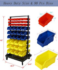 Heavy Duty Rolling Steel Storage Rack With Wheels, 90 Bin Organizer, 9-Tier Dual-Sided Garage Shelf with labeled size bin examples