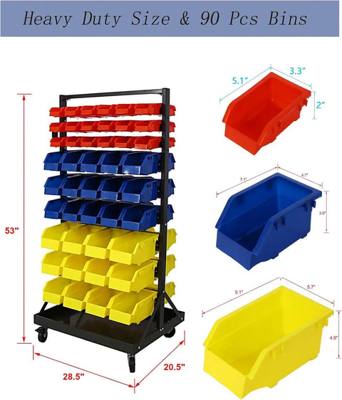 Heavy Duty Rolling Steel Storage Rack With Wheels, 90 Bin Organizer, 9-Tier Dual-Sided Garage Shelf with labeled size bin examples
