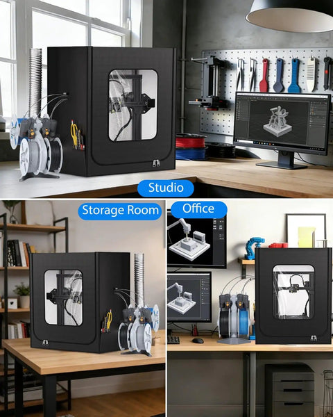 Heavy Duty 3D Printer Enclosure With Ventilation Kit And LED Light in studio, storage room, and office settings