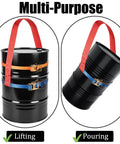Shop Floor Ready Heavy Duty Fifty Five Gallon Drum Lifting Sling With Twin Adjustable Ratchet Straps in use for lifting and pouring.