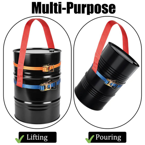 Shop Floor Ready Heavy Duty Fifty Five Gallon Drum Lifting Sling With Twin Adjustable Ratchet Straps in use for lifting and pouring.