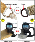 Comparison of outdoor sun shade sail canopy materials, showing stainless steel vs rust and fabric thickness measurements.