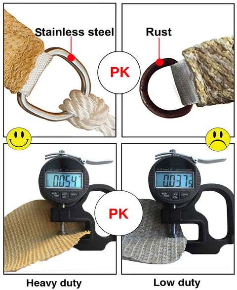 Comparison of outdoor sun shade sail canopy materials, showing stainless steel vs rust and fabric thickness measurements.