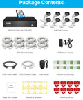 Package contents of 8 Channel 4K Spotlight PoE Security Camera System With Eight 8MP Outdoor Indoor Metal Cameras Including Person And Vehicle Detection Two Way Audio Color Night Vision NVR With 2TB HDD For 24 7 Home Recording