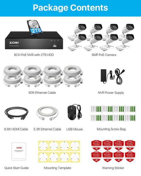 Package contents of 8 Channel 4K Spotlight PoE Security Camera System With Eight 8MP Outdoor Indoor Metal Cameras Including Person And Vehicle Detection Two Way Audio Color Night Vision NVR With 2TB HDD For 24 7 Home Recording