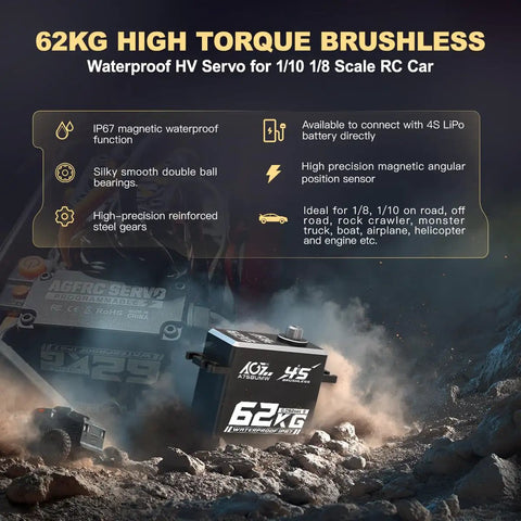Beefy 62Kg Torque Waterproof Steering Servo For 1 By 10 And 1 By 8 Scale RC Cars 16V Full Metal Gear Brushless Digital Servo With 180 Degree Swing IP67 Waterproof Direct 4S LiPo Ready HighTorque DropIn RC Car Servo highlighted in dusty off-road context.