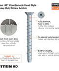 Diagram and image of Titen HD 1/4 In X 3-1/2 In Zinc-Plated Countersunk Head Heavy-Duty Screw Anchor with features highlighted.